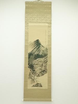 華邦筆　山水　肉筆絹本掛軸（共箱）
